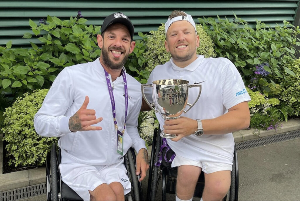Heath Davidson and fellow Aussie Dylan Alcott wearing whites at Wimbledon a few years ago