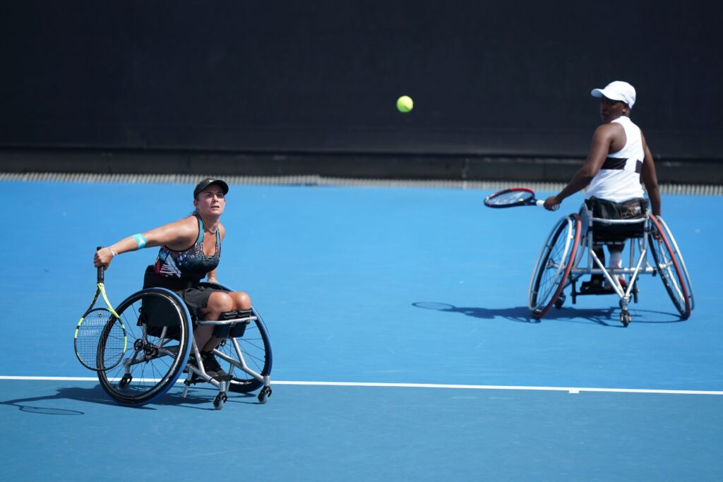 KG Montjane and Lucy Shuker on the doubles court together