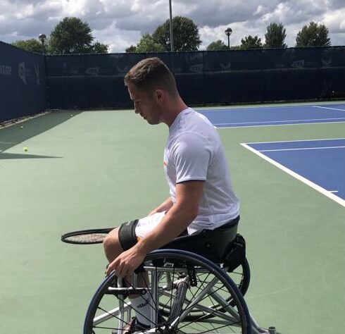 Alfie Hewett pushes away from the court to prepare for a shot